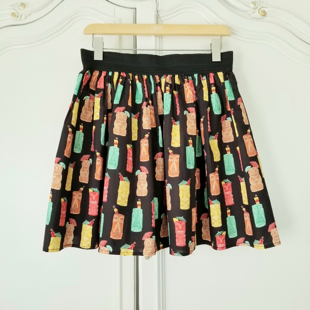 Hemet Black Tiki Drink Cotton Pull On Short Skirt Made In USA Womens Small
